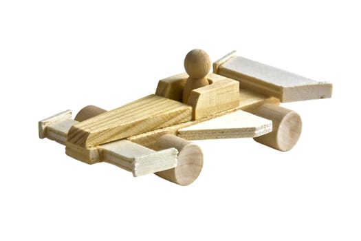 Wooden toy race car with driver on white background