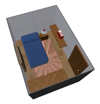 3D render of a room with bed, wardrobe, books and lamp