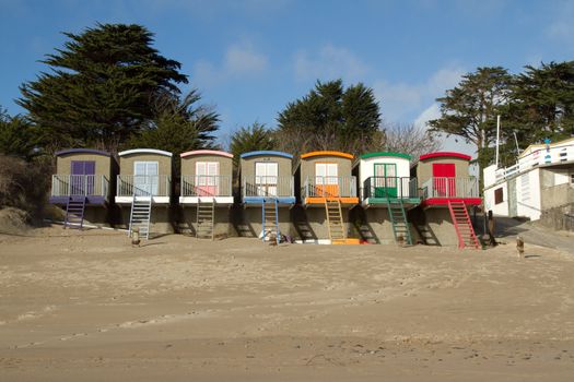 Municipal beach huts, multicoloured with steps and decking on a beach with trees as background.