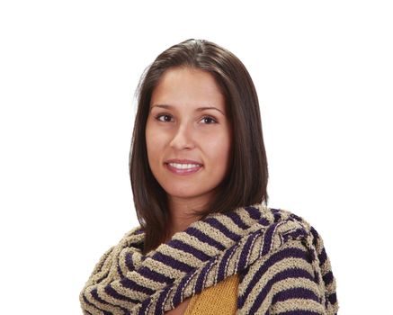 Portrait of a young woman wearing a scarf isolated against a white background.