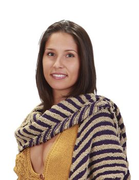 Portrait of a young woman wearing a scarf isolated against a white background.