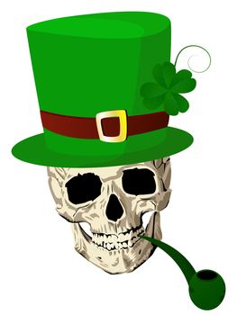 St.Patrick skull with four leaves clover hat and pipe