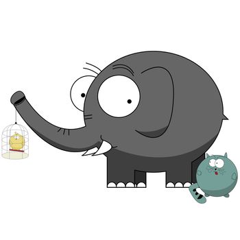 Cartoon characters, elephant protecting small bird from a cat