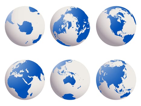 Shiny earth globes set against white background