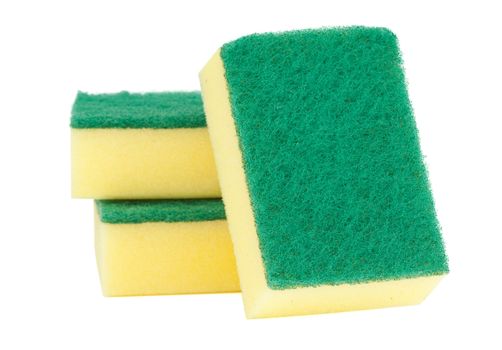 Three yellow and green scouring pads isolated on white.