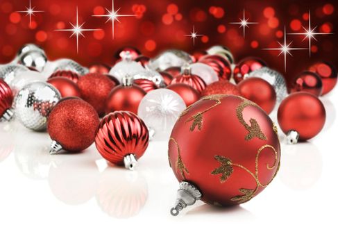 Red decorative christmas ornaments with star background