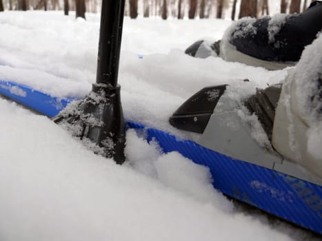 Ski fastening in the snow background