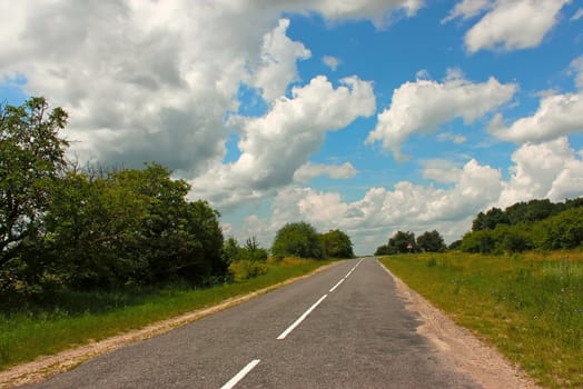 Rural paved road among the forest and meadows 