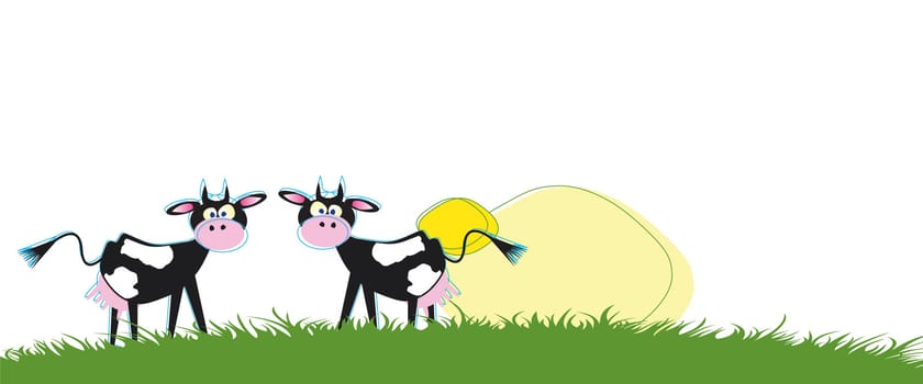 A cartoon illustration of two black and white stylized cows looking forwards. Set on an isolated white background with green grass to the foreground, and a stylized sun motif in the background.