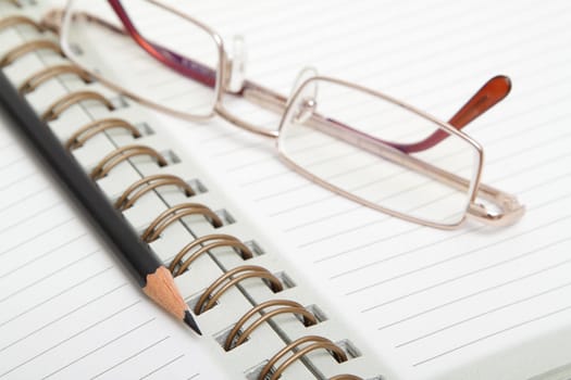 Ruled diary, black pencil and reading glasses