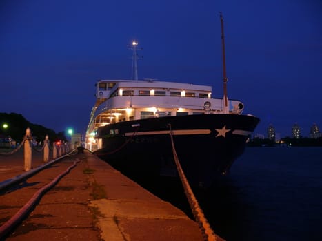 Ship in Moscow river station at night