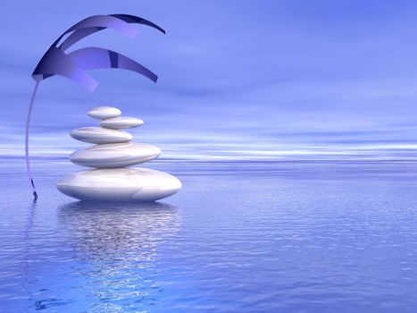 Balanced white stones upon the ocean and under a covering plant in a blue background