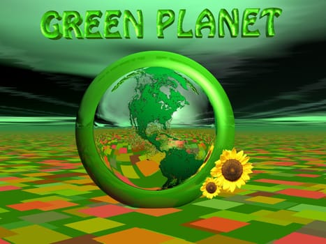 Green earth next to sunflowers and surrounded by green planet letters and colored ground