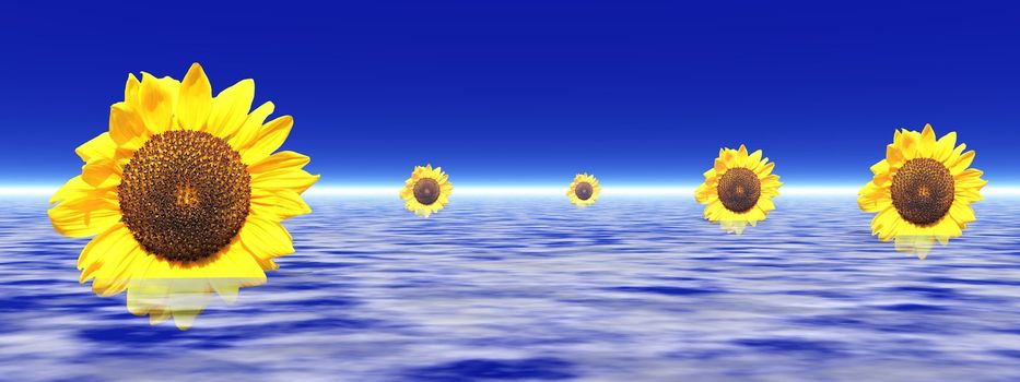 Four sunflowers upon a cloudy blue sky