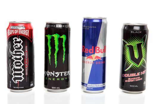 Aluminium cans containing energy drinks.  Varieties are Mother, Monster, V, and Red Bull.  White Background.  EDITORIAL USE ONLY.