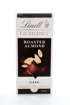 Lindt decadent dark chocolate bar with roastes almonds.  Editorial use only.  White background.