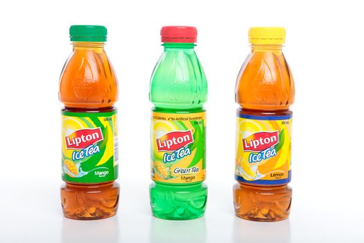 Bottles of refreshing Lipton Ice Teas.   White Background.  EDITORIAL USE ONLY