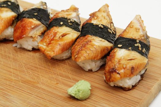 Group of broiled eel (unagi) sushi