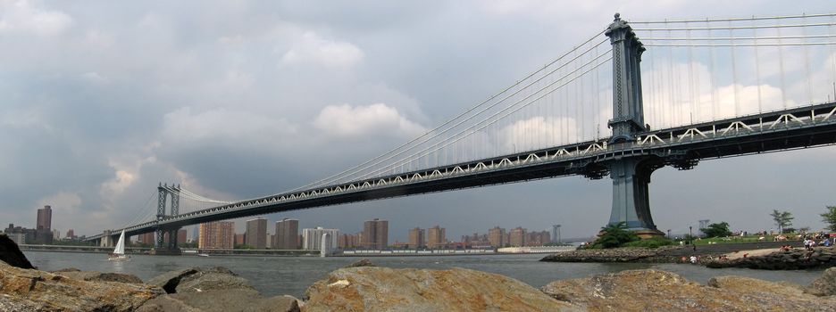 panorama photo of manhattan bridge in new york, viewed from brooklyn