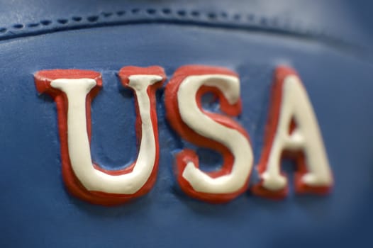 red and white USA sign on blue background, distance blur