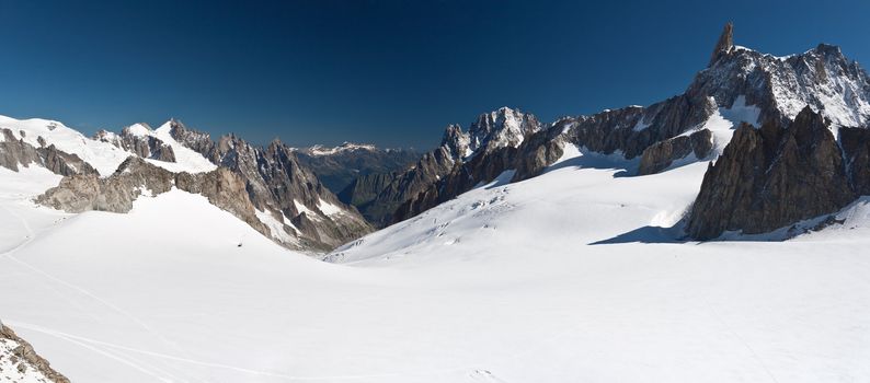 panoramic view of Dent du Geant peak and glacier in Mont Blanc massif