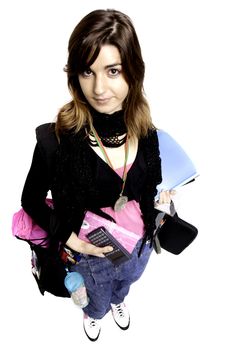 View of a teenager school girl holding books on a white background.