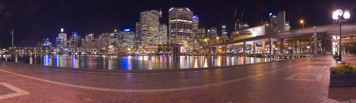 darling harbour at night panorama photo, light reflections