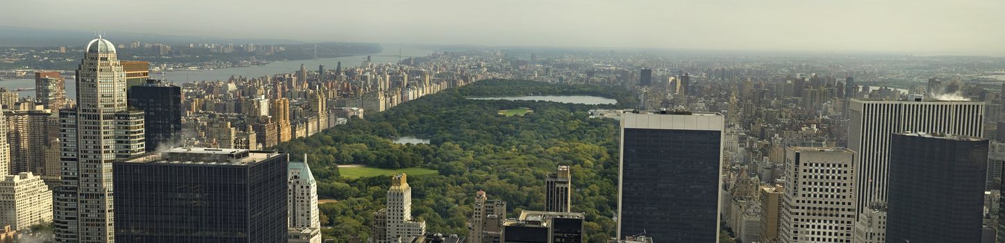 central park aerial panorama photo, fog in distance