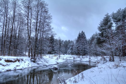 small river flowing through forest in winter