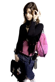 View of a teenager school girl with school stuff on a white background.
