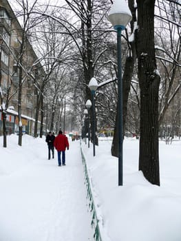 Moscow, Russia - February 22: Peoples in the Voikovskaya street after snowfall, on February 22, 2010 in Moscow, Russia.