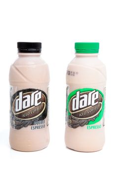 Chilled bottles of Dare Iced Coffee, Espresso and Double Espresso.  White Background.
EDITORIAL USE ONLY.