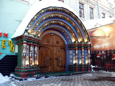 Moscow, Russia - February 23, 2010: Winter day. Facade of fashion Russian restaurant in Moscow, Russia