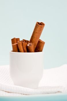 food series: cinnamon sticks in white cup