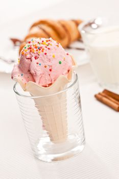 food series: pink strawberry ice-cream in waffle cup