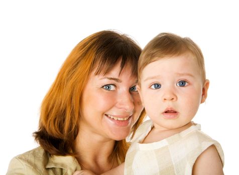 Mother with one year daughter together isolated on white