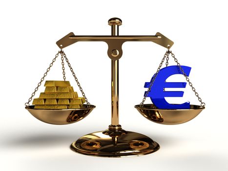 The value of Money. On a golden balance, are compared in a blue euro symbol and a lot of gold bullion, computer-generated conceptual image.