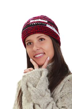 Young woman wearing knitwear clothes isolated against a white background.