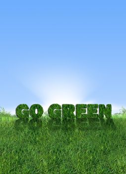 Textured go green sign over fresh grass. Clear blue sky background.
