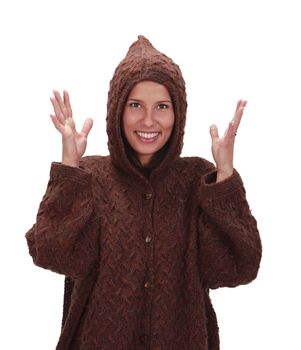 Happy woman wearing winter clothes isolated against a white background.