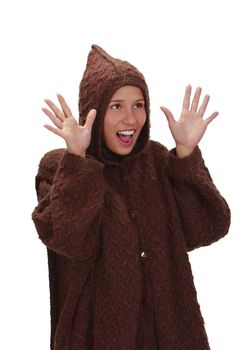 Woman wearing winter clothes isolated against a white background.