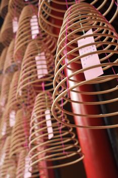 Circular incenses, decorations of traditional Chinese Buddhism temple of east.