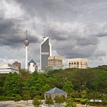 City landmark of famous tower and skyscraper in Kuala Lumpur, Malaysia, Asia.