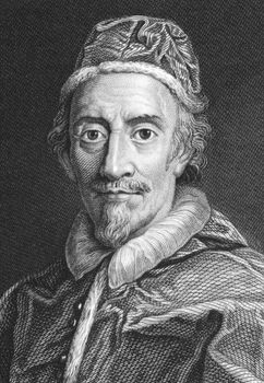 Pope Clement IX (1600-1669) on engraving from the 1800s. Born Giulio Rospigliosi, was Pope during 1667-1669. Engraved by J.Wedgwood from a painting by Carlo Maratti and published in 1821 for the Proprietor, London.