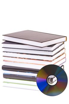 stack books with the dvd disk isolated on white background