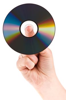 disk dvd in female the hand isolated on white background