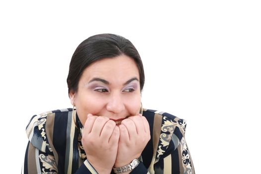 Head shot of worried woman over white background