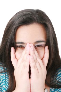 Young businesswoman covering her mouth with hands