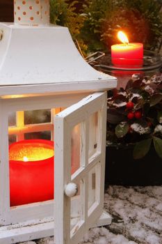 Lantern in winter with snow