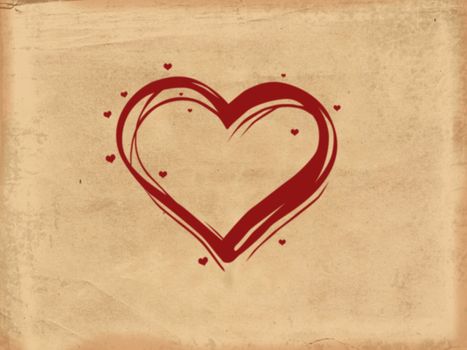 red illustrated heart with many little hearts over old paper background
